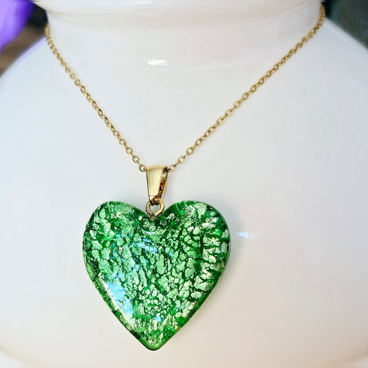 Rvs ketting groen glas-hart