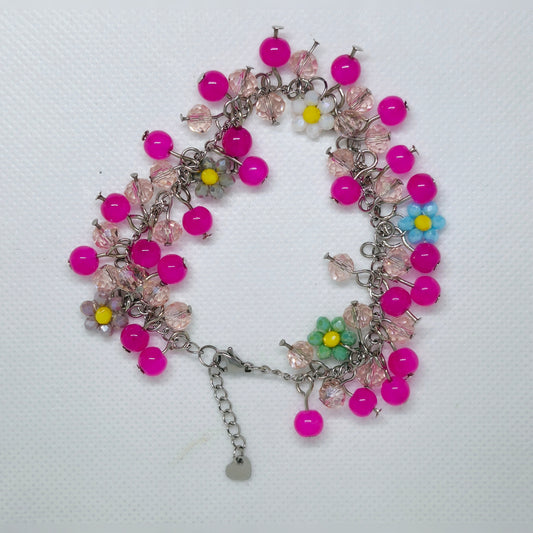 Roze cluster armbandje met bloemen