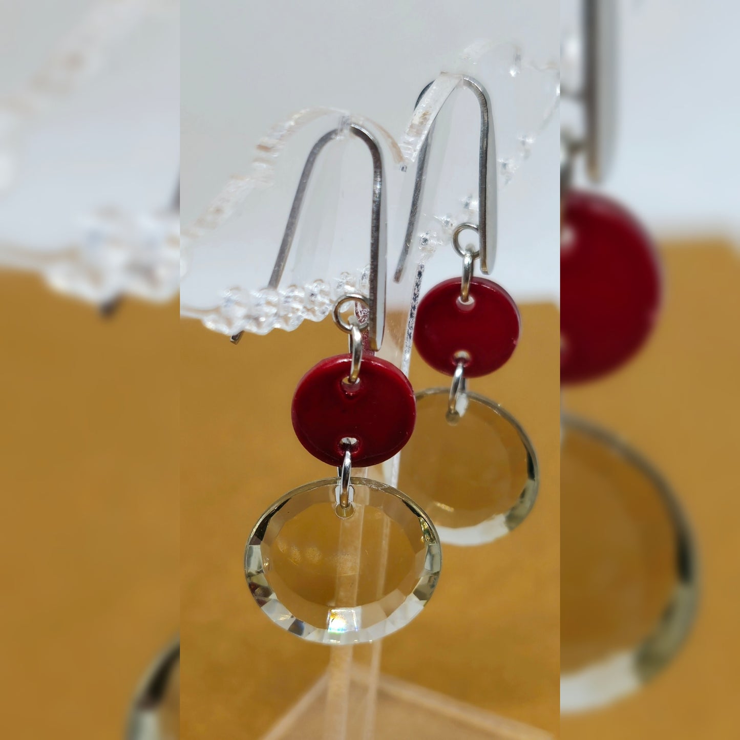 Oorbellen dubbel laag rood met glas