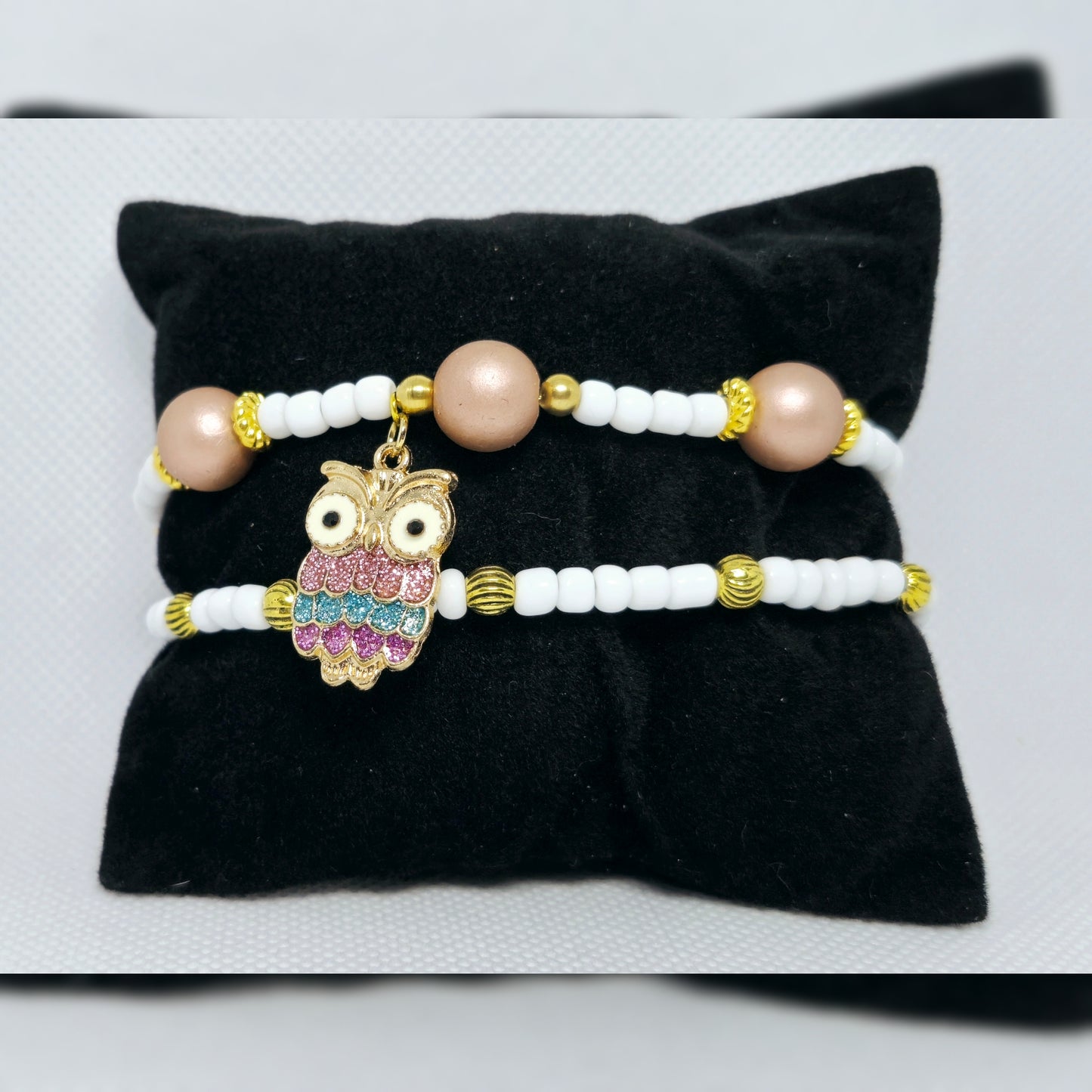 Handmade - Armband set wit/roze met uil