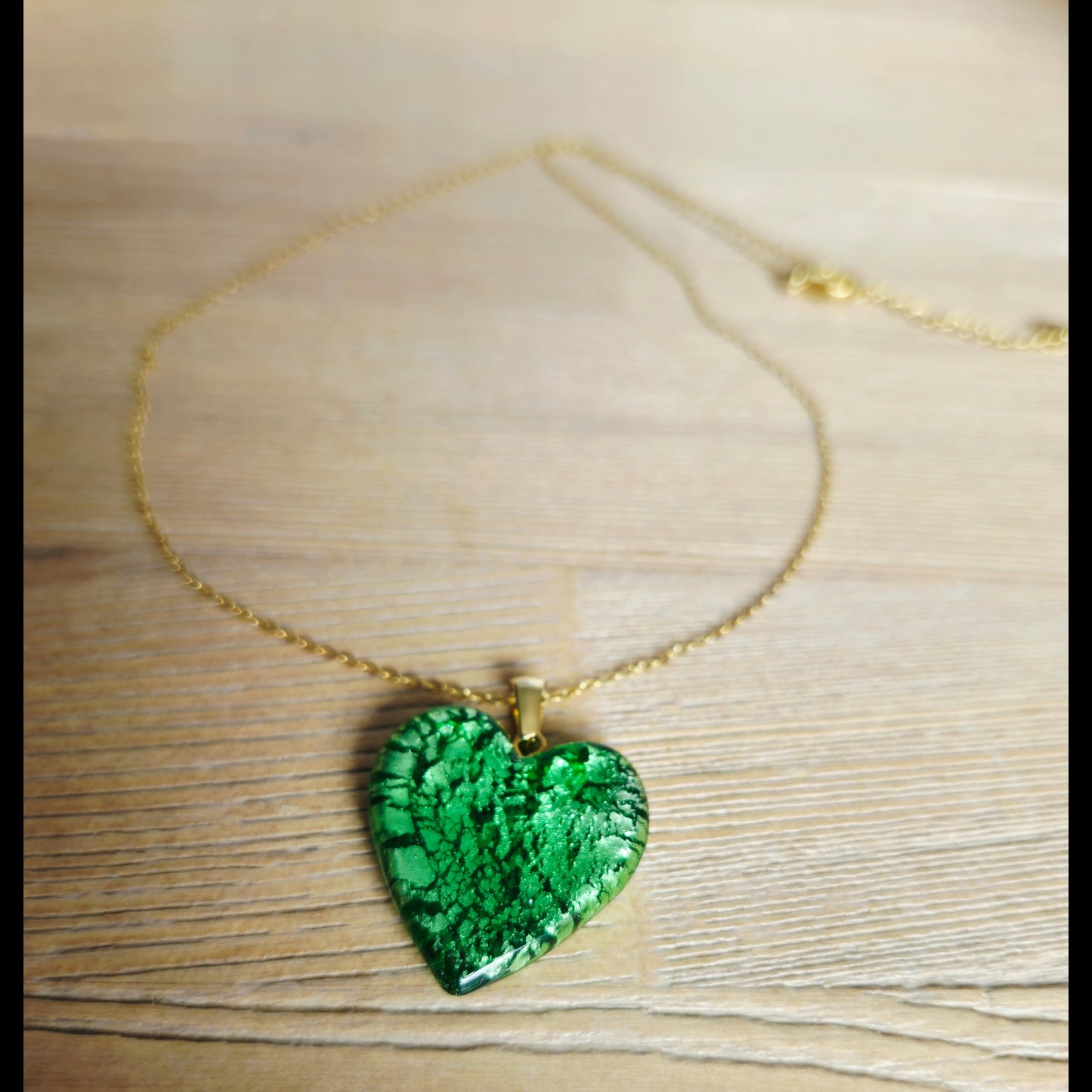 Rvs ketting groen glas-hart